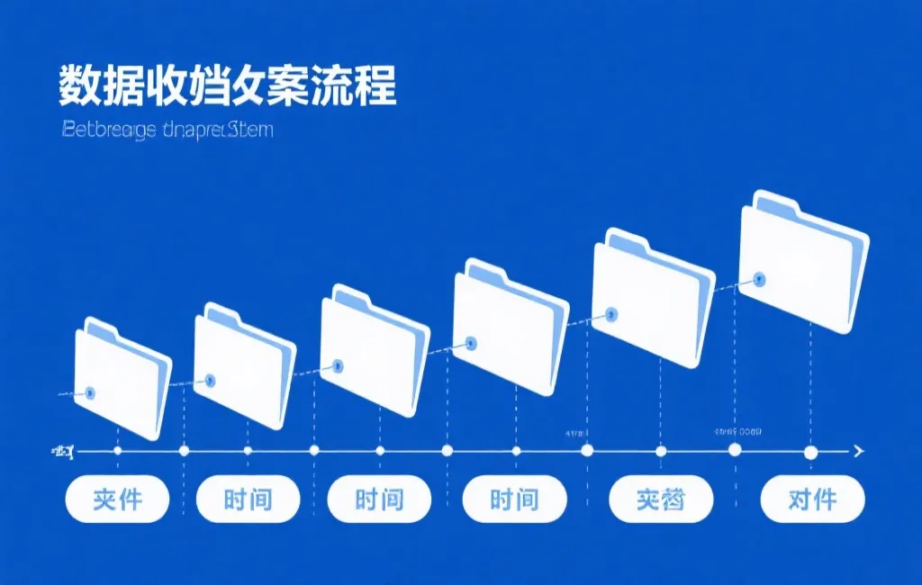 数据归档流程示意图，文件夹与时间轴，专业蓝白配色
