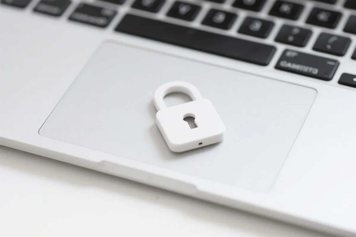 理财与安全的桌面静物：记事本、计算器与锁图标，象征稳健与防护